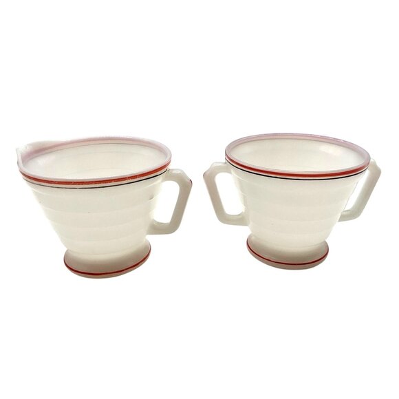 Vintage 1930s Hazel Atlas Milk Glass Creamer & Sugar Bowl With Red Black Stripes - Picture 3 of 6